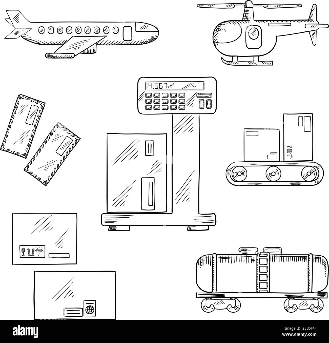 Icônes des services de fret aérien et ferroviaire ou de livraison avec avion, hélicoptère, wagon-citerne, lettres et boîtes de livraison avec panneaux d'emballage sur une balance et Illustration de Vecteur