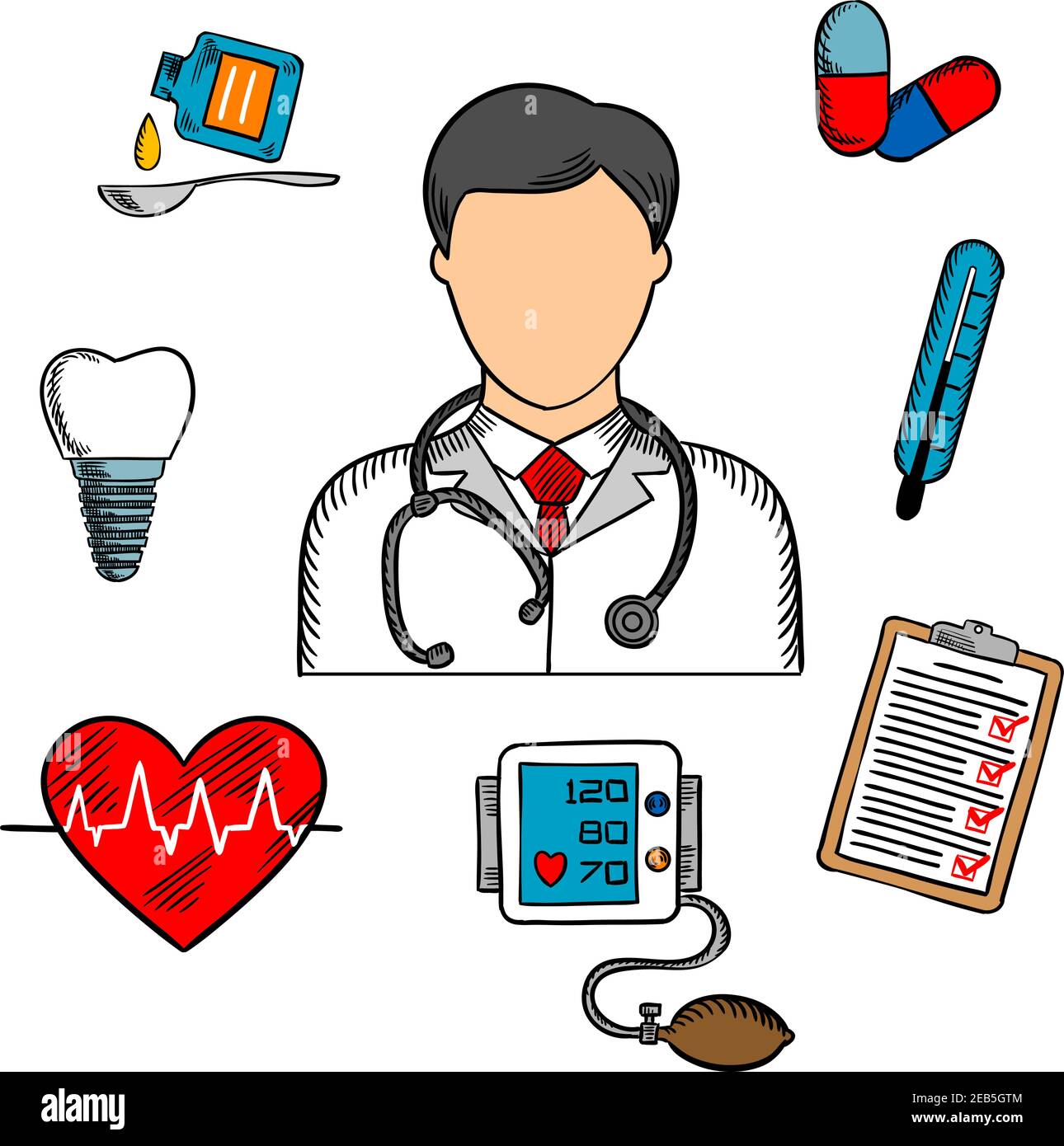 Icônes médicales avec un médecin entouré par un thermomètre, une dent, des pilules, des médicaments, un graphique, un battement de coeur et un ECG. Icônes vectorielles esquissées colorées Illustration de Vecteur