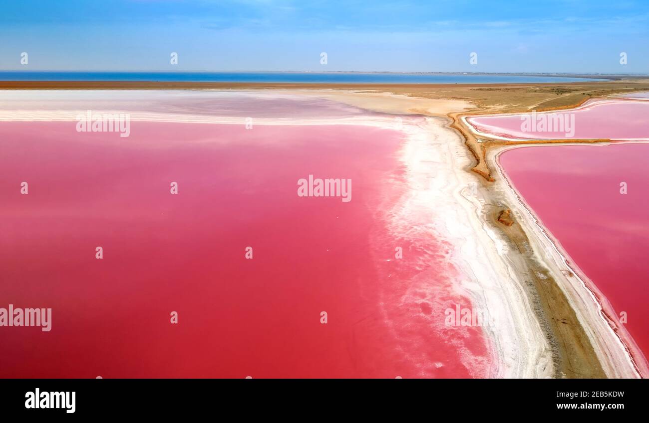 Vue de dessus d'un lac rose. Le rivage étroit séparant le lac et la baie de mer. Lac rose à haute teneur en sel. Banque D'Images Vue de dessus d'un lac rose. Le rivage étroit séparant le lac et la baie de mer. Lac rose à haute teneur en sel. Banque D'Images