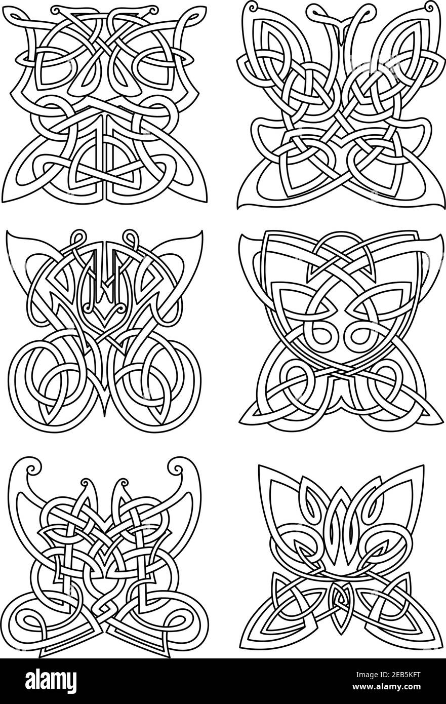 Ensemble de décorations celtiques de tribu d'insectes de papillon avec ailes et corps de tourbillon. Pour le tatouage, l'impression ou le dessin d'art religieux Illustration de Vecteur