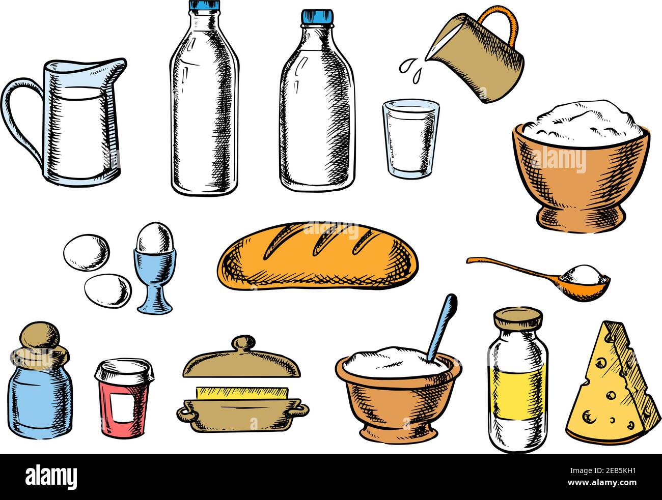Design de boulangerie avec des ingrédients de pâte, y compris des contenants de beurre, de sel, de lait de sucre, d'oeufs, et de fromage autour d'un pain blanc Illustration de Vecteur