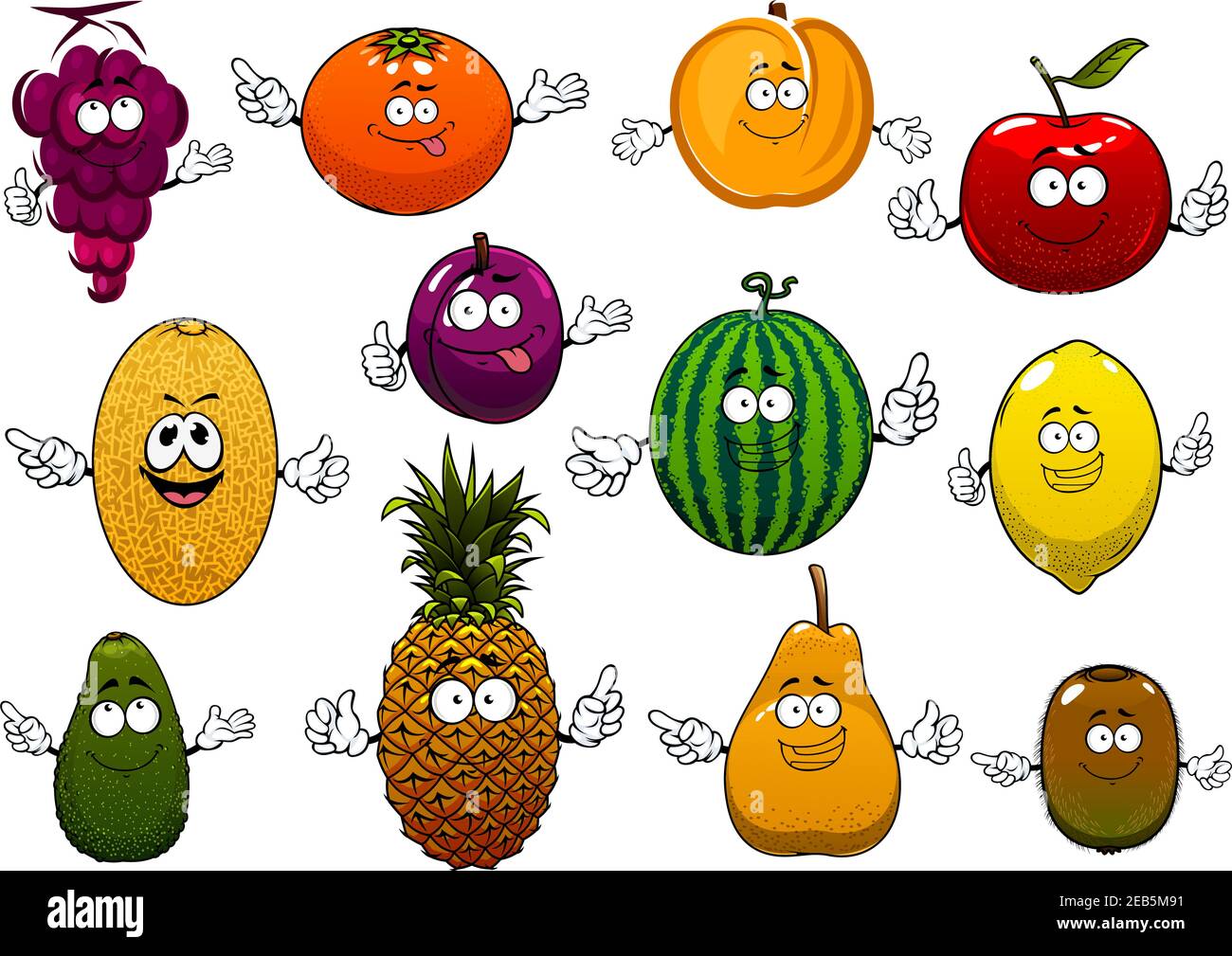 Bonne bande dessinée d'été pomme, orange, raisin, ananas, pêche, citron, kiwi, pastèque avocat poire, prune, melon fruits. Des personnages de fruits amusants pour lui Illustration de Vecteur