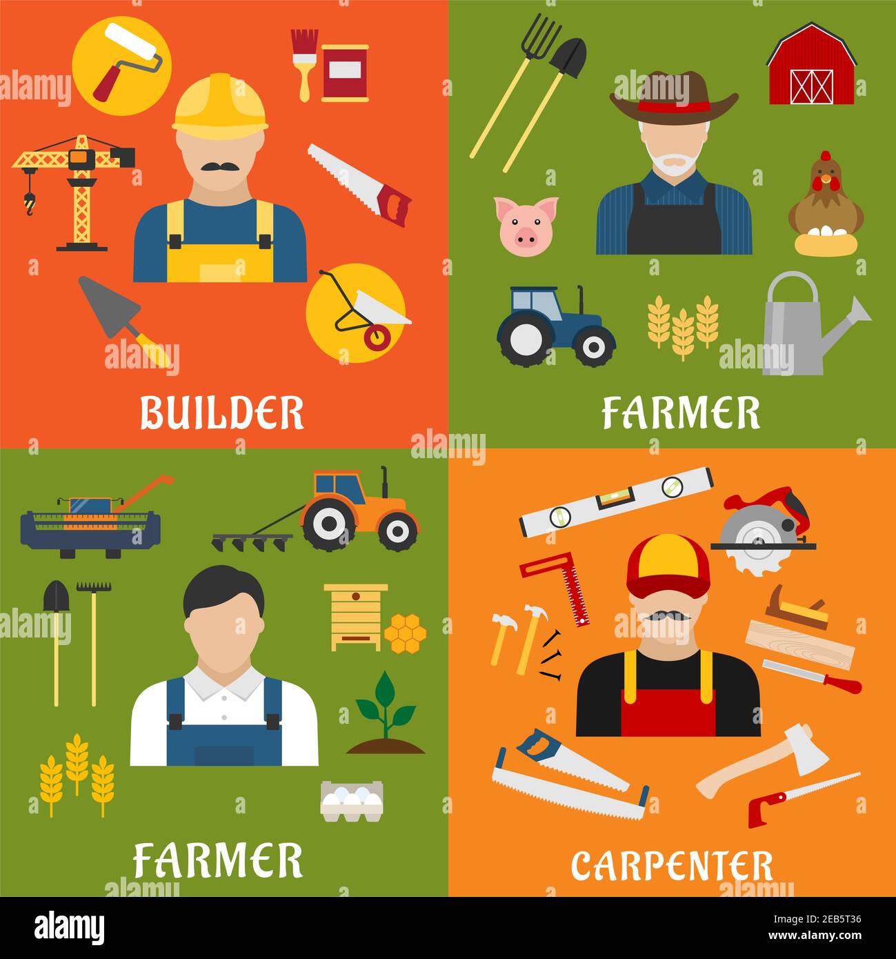 Icônes de l'industrie de la construction et de l'agriculture avec un constructeur mâle plat, un fermier, un menuisier et un éleveur de stocks avec des outils, des équipements et des machineurs Illustration de Vecteur