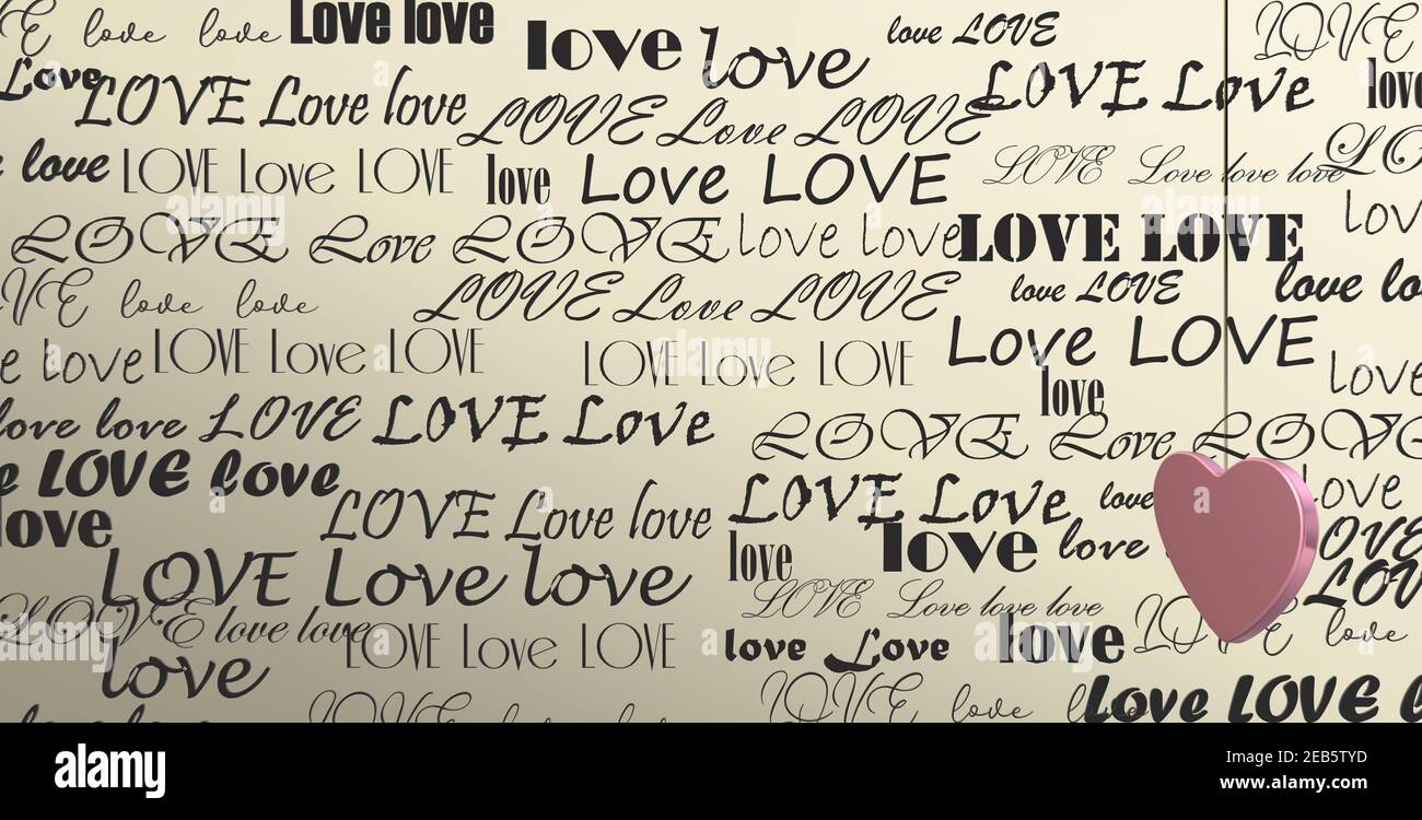 Mot AMOUR sur fond or pastel, coeur 3D rose. Saint-Valentin, amour, invitation à la fête, fête des mères, 8 mars, mariage, carte de vœux. Placer pour le texte. Design élégant. Rendu 3D Banque D'Images