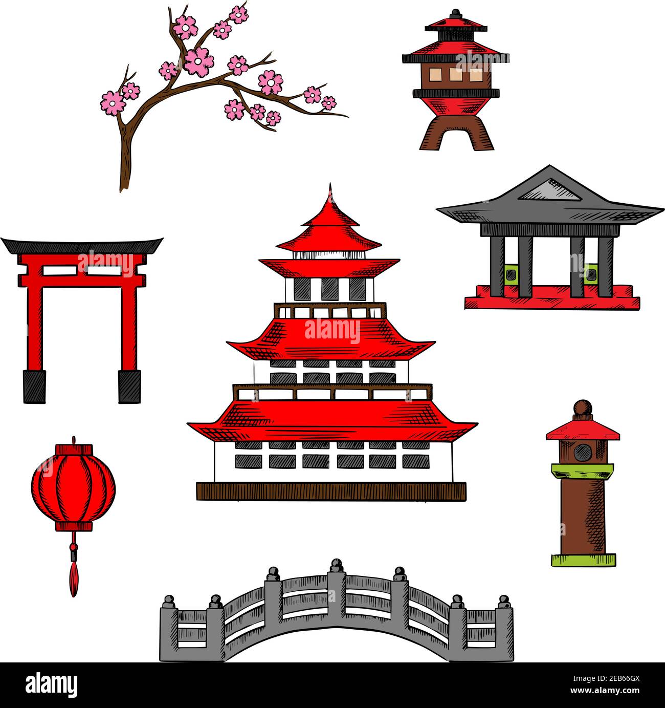 Japon Voyage et culture icônes de la pagode japonaise traditionnelle avec le toit rouge entouré par les fleurs de sakura, porte de torii, lanterne en papier, colonnes, temple Illustration de Vecteur