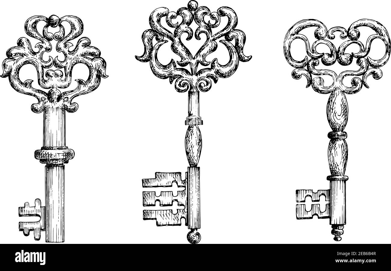 Des touches vintage dessinant des icônes pour le tatouage ou le motif stylisé médiéval. Vieilles clés ornées de squelette, décorées d'ornements forgés Illustration de Vecteur