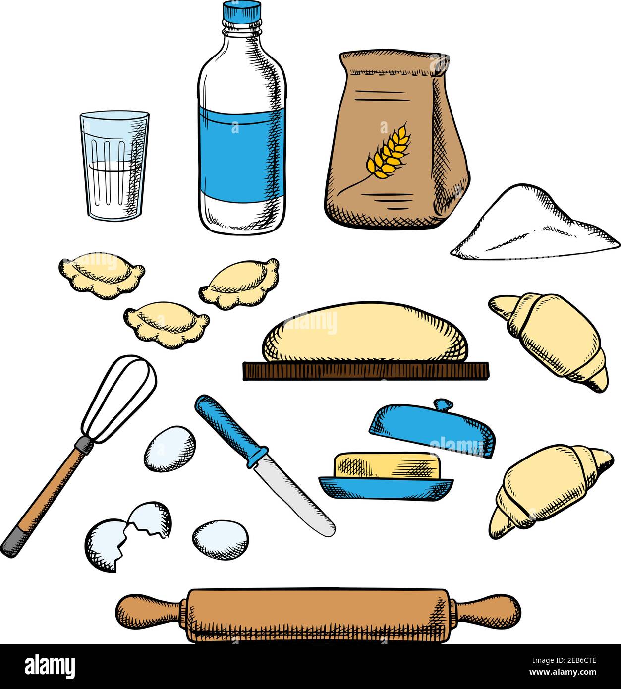 Processus de cuisson de la pâte à pétrir avec les icônes de la pâte, du lait, du beurre, des œufs, de la farine et de l'ustensile de cuisine Illustration de Vecteur