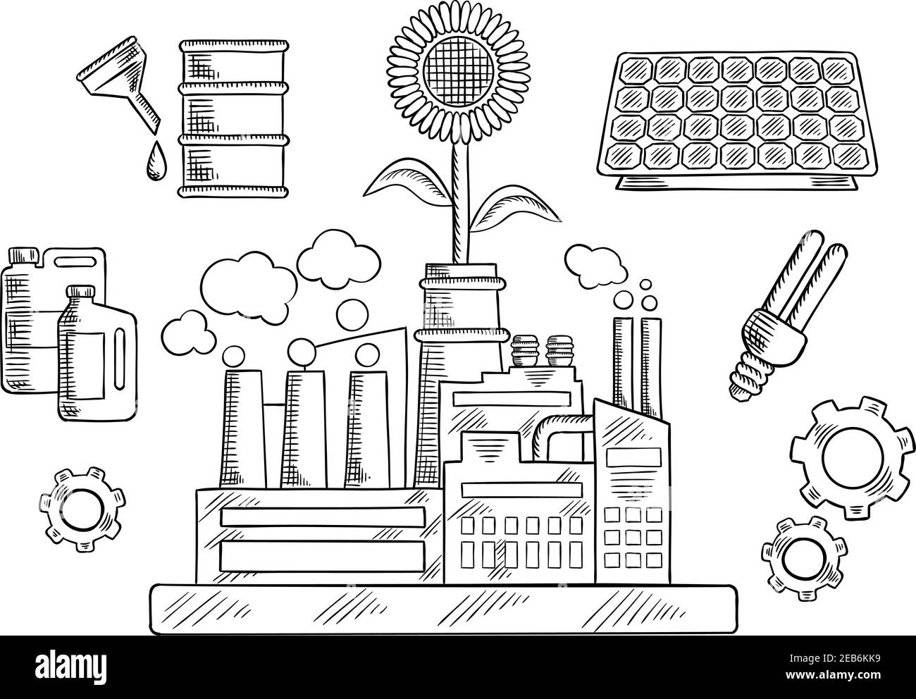 Économisez de l'énergie et des icônes écologiques grâce à une usine industrielle entourée d'un panneau solaire et d'une ampoule fluorescente, d'un tournesol, d'engrenages et de réservoirs de biocarburant Illustration de Vecteur
