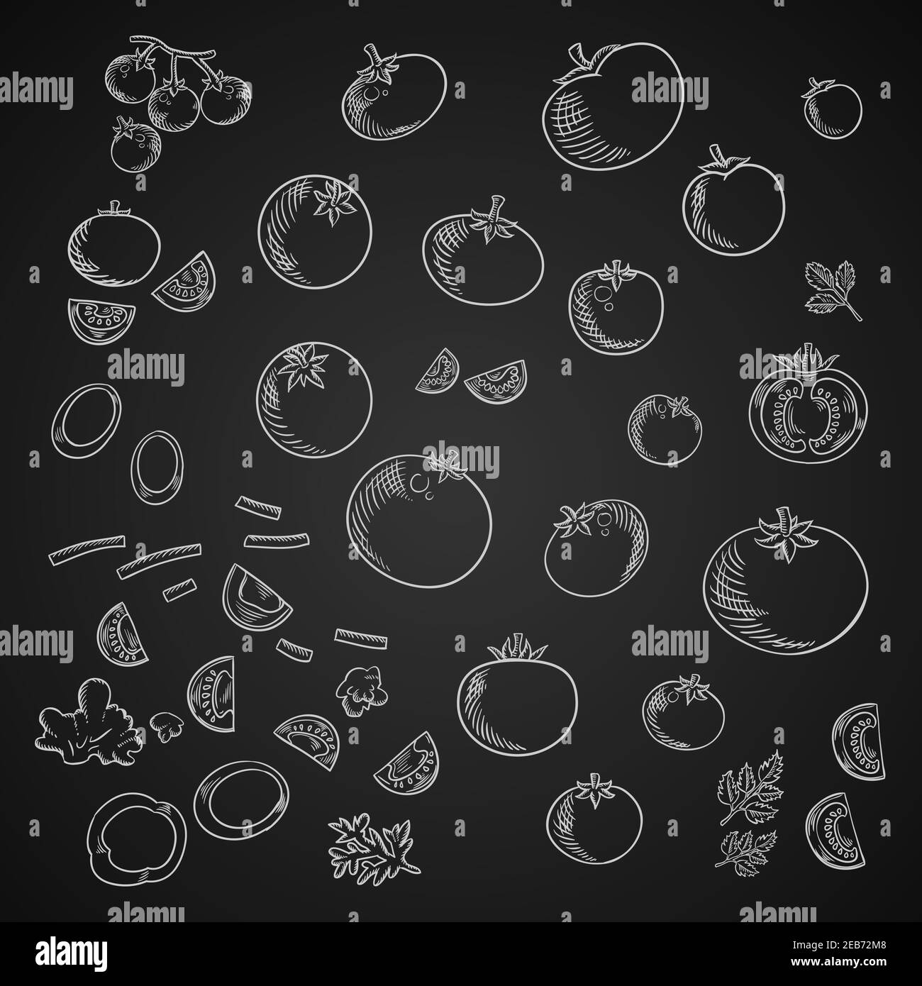 Tomates fraîches mûres légumes entiers, moitiés et tranches de tomates de jardin avec tiges, branche de tomates cerises douces, tomates hachées et parsl Illustration de Vecteur
