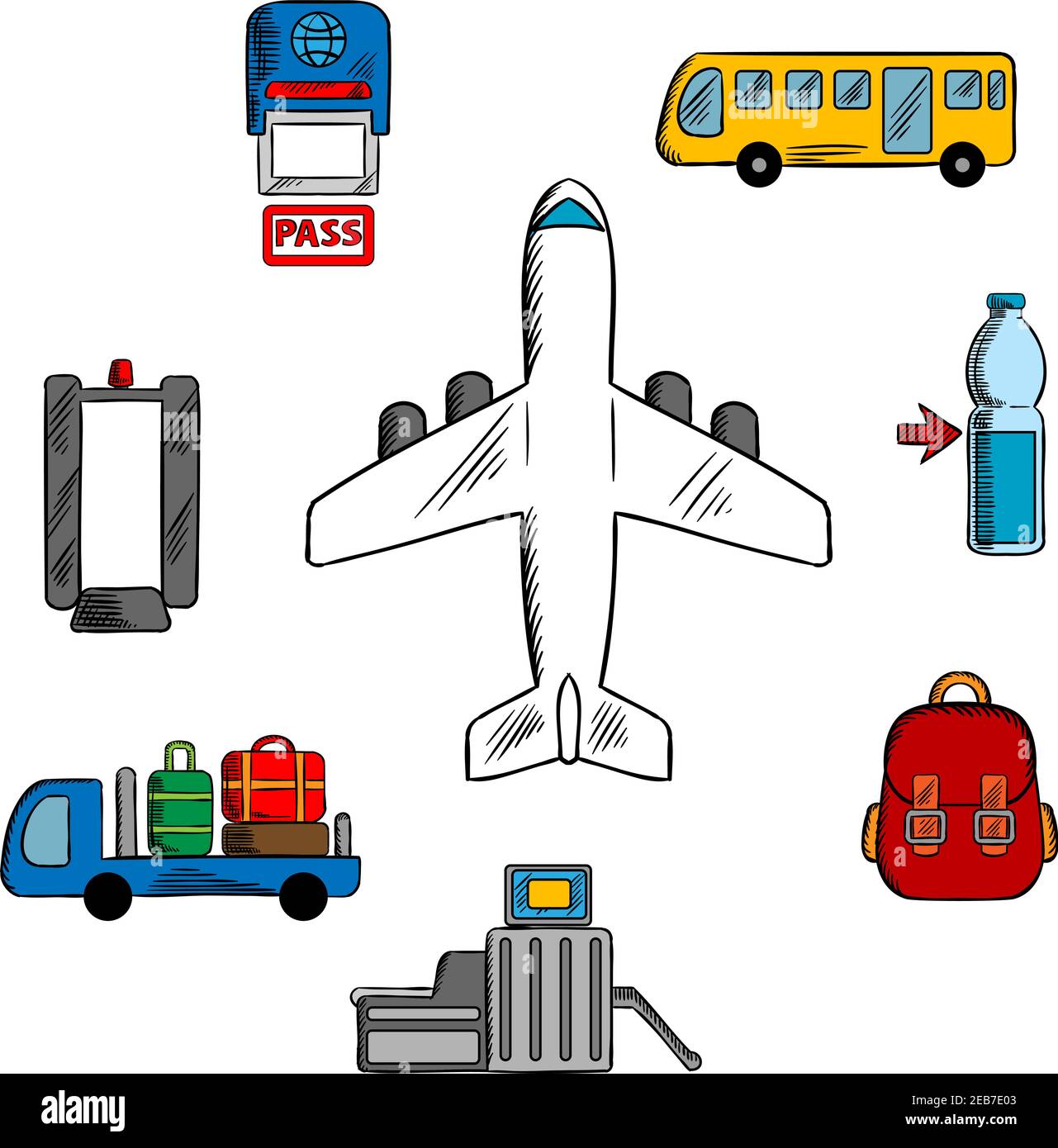 Icônes d'aéroport, d'aviation et de service de compagnie aérienne avec avion entouré de symboles de contrôle de passeport, détecteur de métal et porte de sécurité, service de bagages Illustration de Vecteur