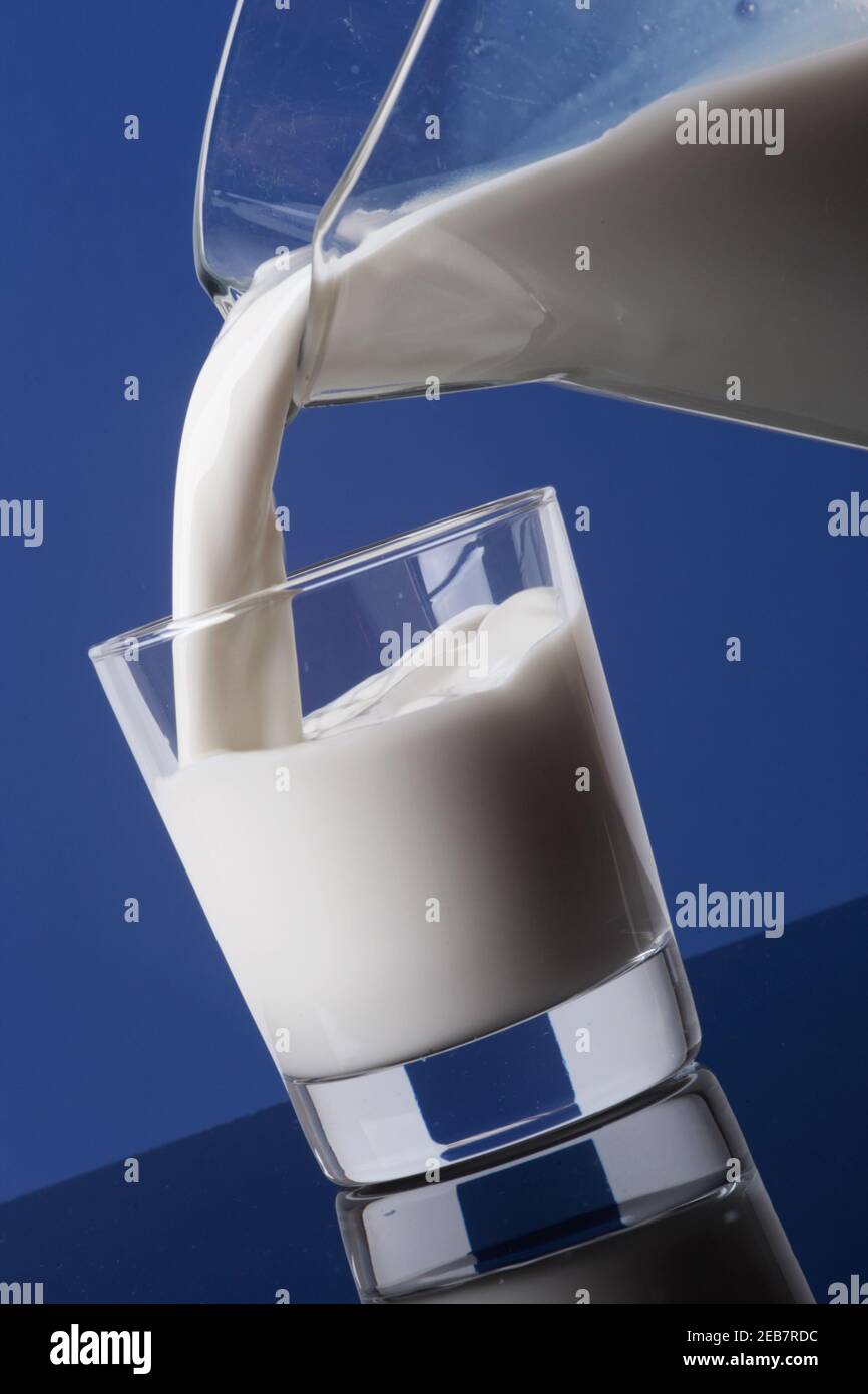 Délicieux lait frais crémeux versé dans une carafe dans un verre et isolé sur fond bleu Banque D'Images