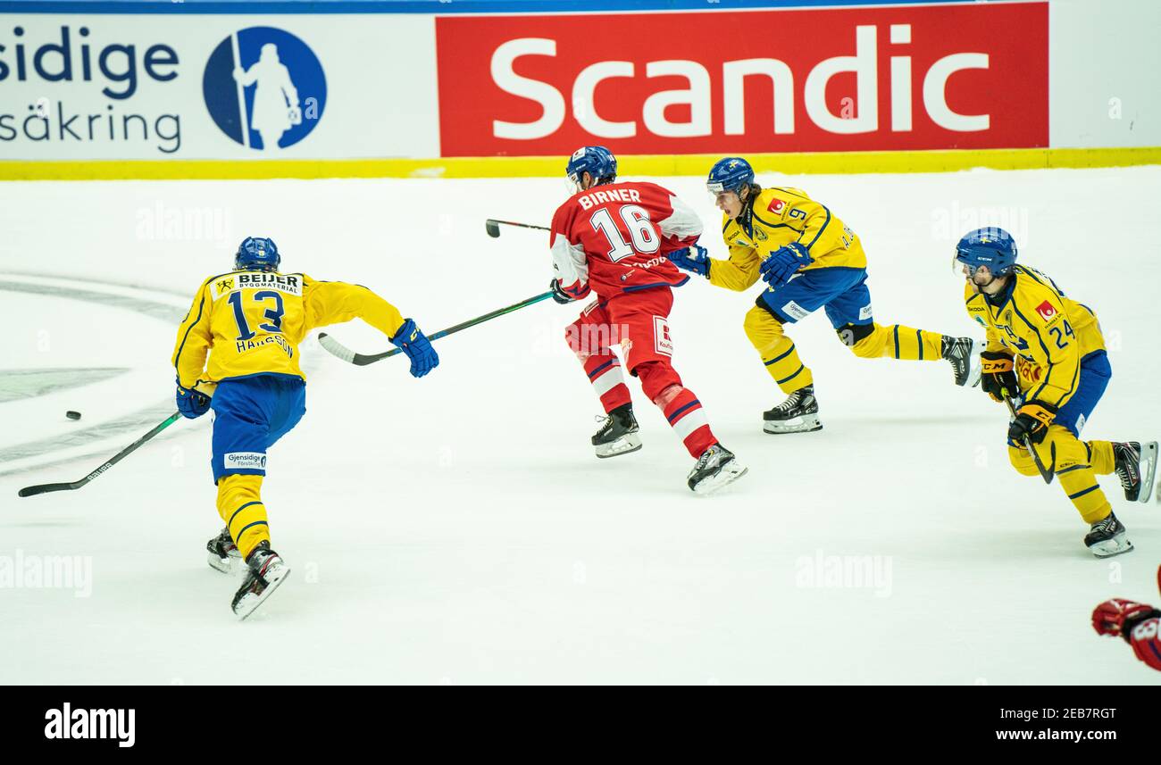 Malmoe, Suède. 11 février 2021. Michal Birner (16) de la République tchèque et Albert Johansson (9) de la Suède vu dans le match de hockey Beijer 2021 entre la République tchèque et la Suède à Malmoe Arena à Malmoe. (Crédit photo : Gonzales photo/Alamy Live News Banque D'Images