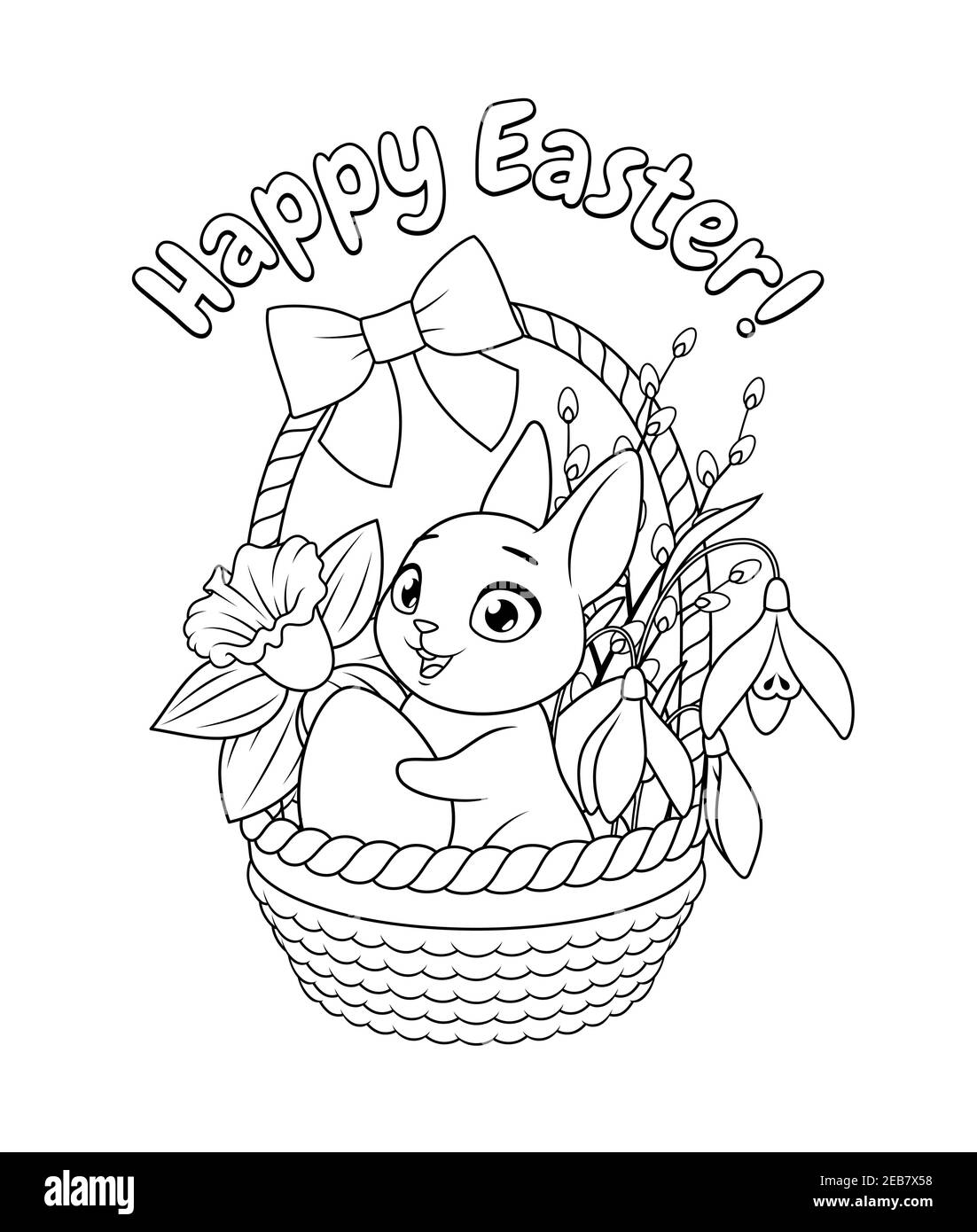 Mignon petit lapin tenant oeuf dans le panier avec fleurs de printemps. Page de coloriage vectorielle de message d'accueil de Pâques. Illustration de Vecteur