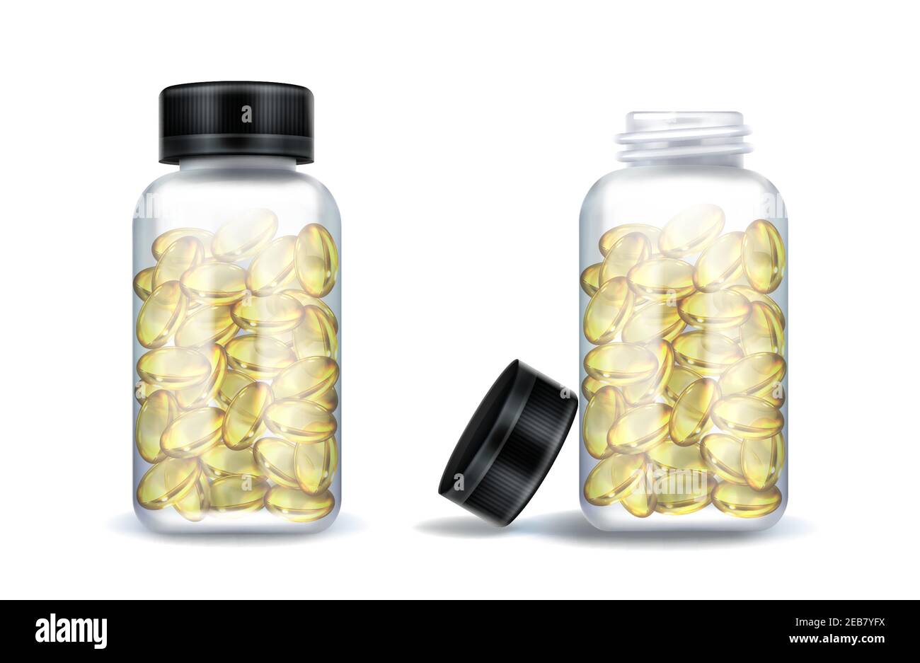 Flacons pour médicaments avec capsules jaunes claires isolées sur fond blanc. Maquette vectorielle réaliste de récipient transparent en verre ou en plastique avec couvercle noir ouvert et fermé. pots 3d avec médicaments médicaux Illustration de Vecteur