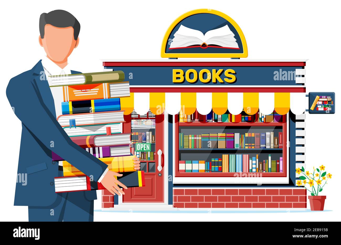 Extérieur de la librairie et homme. Livres magasin bâtiment en brique. Marché de l'éducation ou de la bibliothèque. Livres dans la fenêtre du magasin sur les étagères. Boutique de rue, centre commercial, marché, façade de boutique. Illustration vectorielle de style plat. Illustration de Vecteur