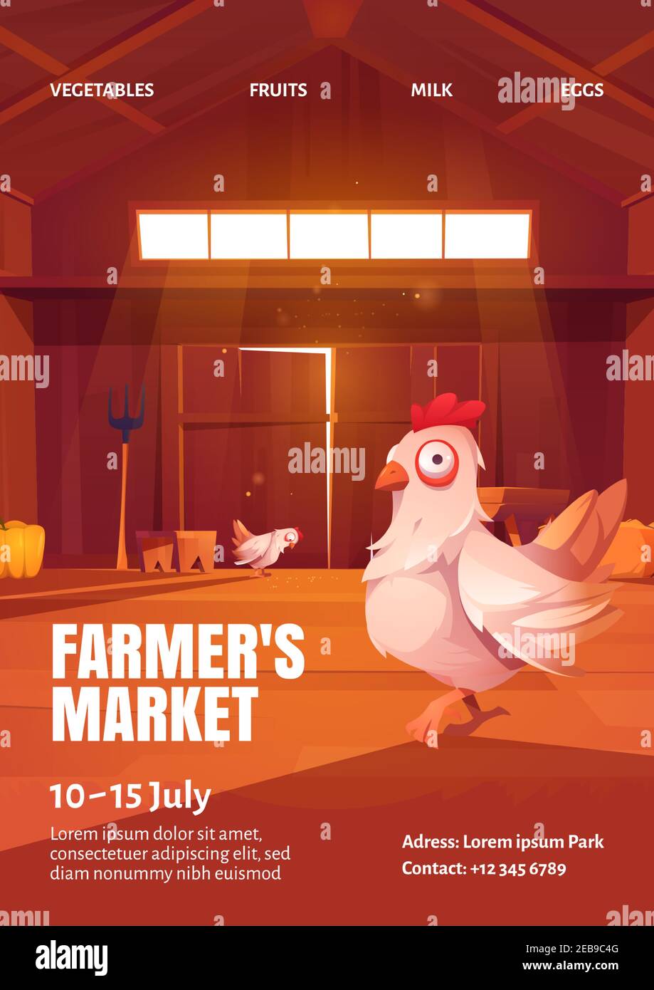 Affiche du marché agricole avec illustration de la poule dans une grange en bois. Vecteur circulaire de la foire agricole à la vente récolte et nourriture des fermes. Dessin animé intérieur du hangar avec les poulets, le foin et la fourchette Illustration de Vecteur