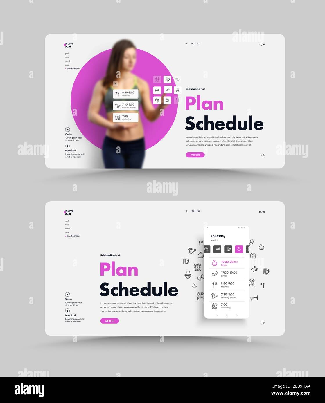 Modèle de page Web blanche Vector pour planifier votre routine quotidienne. Conception de site Web d'interface utilisateur avec téléphone mobile et application. Interface interactive. Illustration de Vecteur