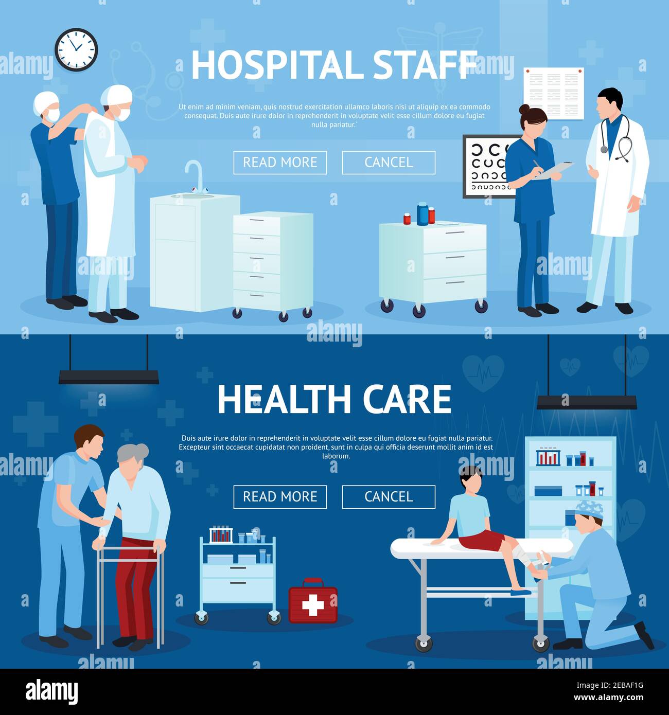 Traitement médical bannières horizontales avec médecin chirurgien infirmier assistant illustration vectorielle de l'hôpital Illustration de Vecteur