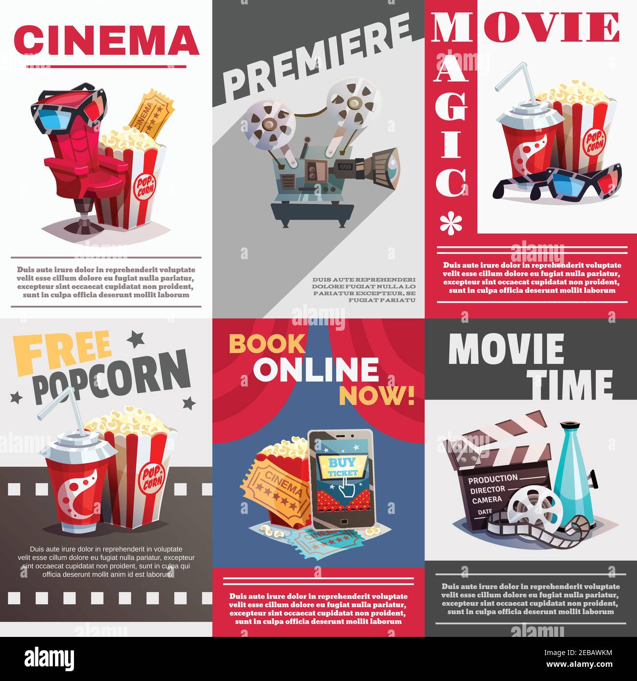 Jeu d'affiches de cinéma avec publicité de première et de temps de film éléments décoratifs dans une illustration vectorielle de style rétro Illustration de Vecteur