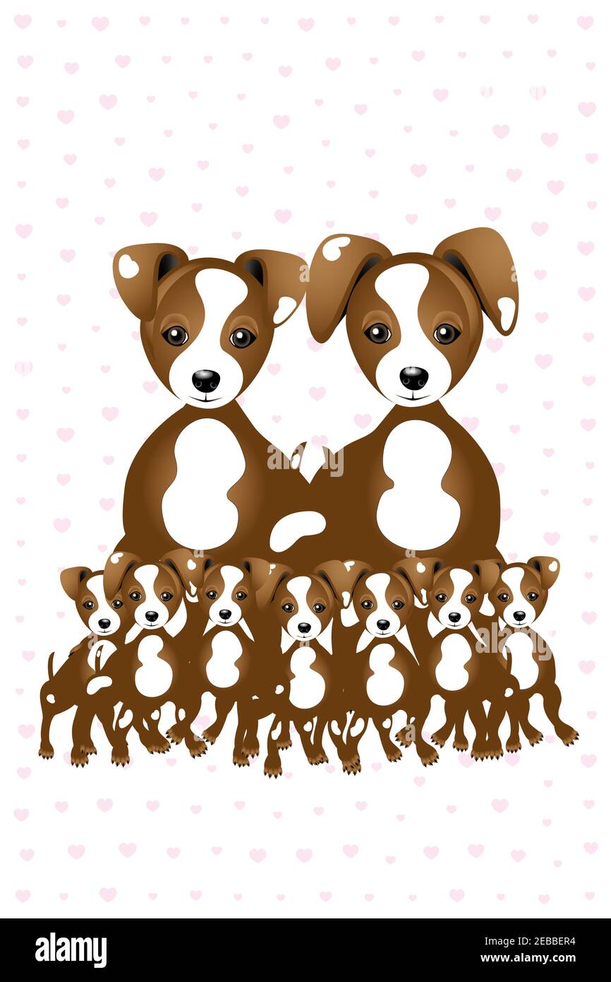 Jack Russell - tellement d'amour - illustration faite par Une famille de Jack Russells avec 7 chiots et maman et papa sur fond de coeur rose Banque D'Images