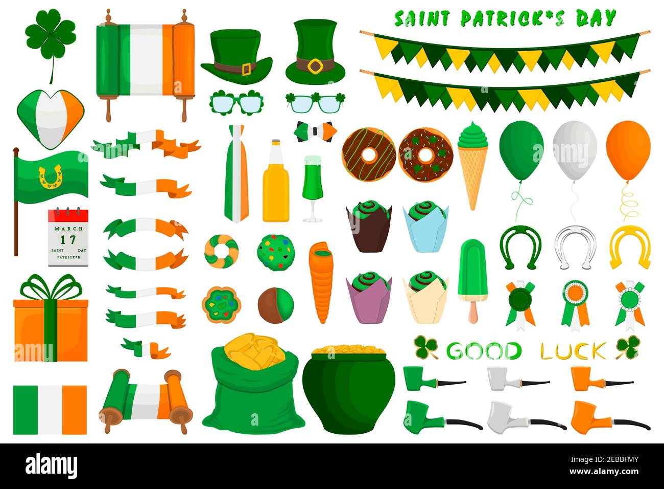 Illustration de vacances irlandaises le jour de St Patrick, pièces d'or en pot. Grand ensemble Irish St Patrick Day composé de pot de pièces d'or, de chapeaux verts, beaucoup plus. Pot Illustration de Vecteur