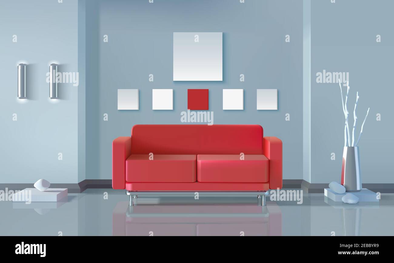 Intérieur moderne design réaliste avec canapé-lit rouge, vase et illustration vectorielle stones Illustration de Vecteur
