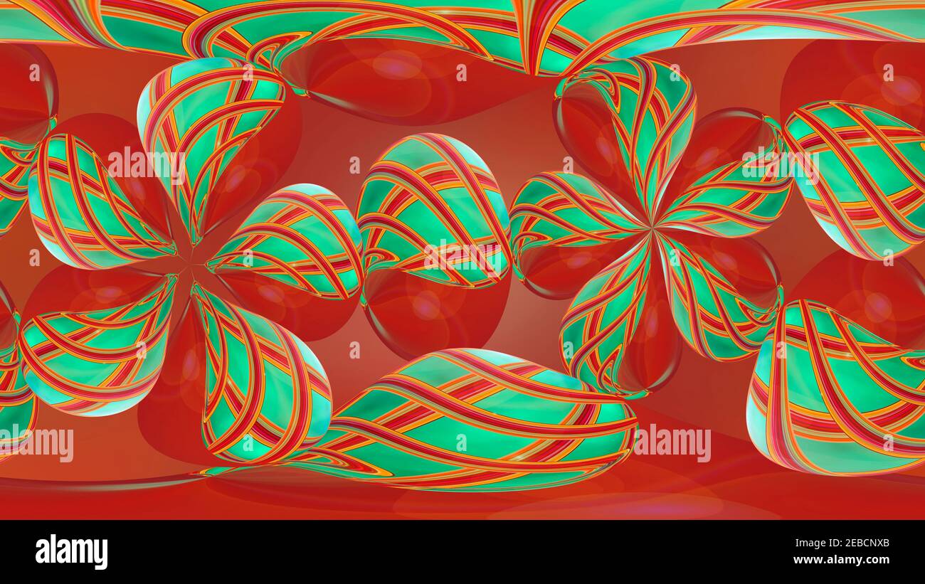 Arrière-plan rouge abstrait avec sphères vertes. image 3d. Banque D'Images