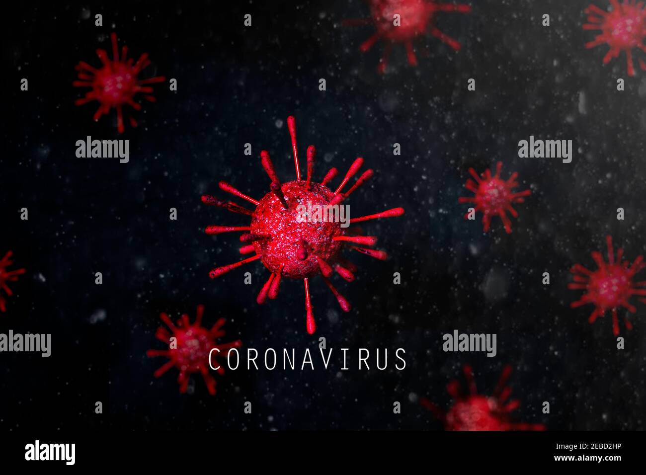 Particules de virus sur fond noir avec texte du coronavirus Banque D'Images