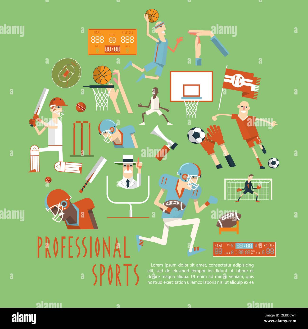 Les sports d'équipe professionnels populaires et compétitifs associent des moments aux arbitres des joueurs et accessoires concept poster illustration vectorielle abstraite Illustration de Vecteur