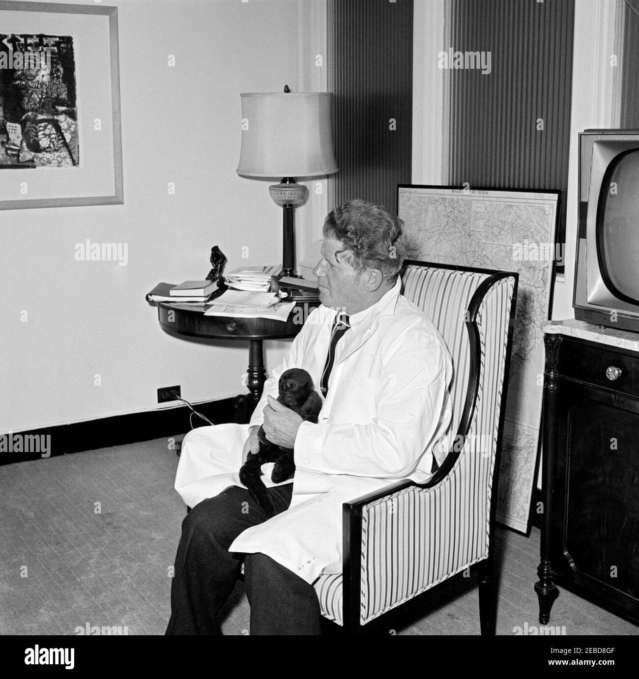 Homme avec un singe de recherche lors d'une fête d'anniversaire à la Maison Blanche. Homme non identifié avec un singe de recherche dans une pièce non identifiée de l'aile est, deuxième étage, Maison Blanche, Washington, D.C. Banque D'Images
