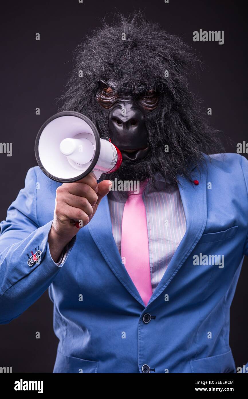 homme d'affaires portant un masque de gorille et criant à megafon Banque D'Images