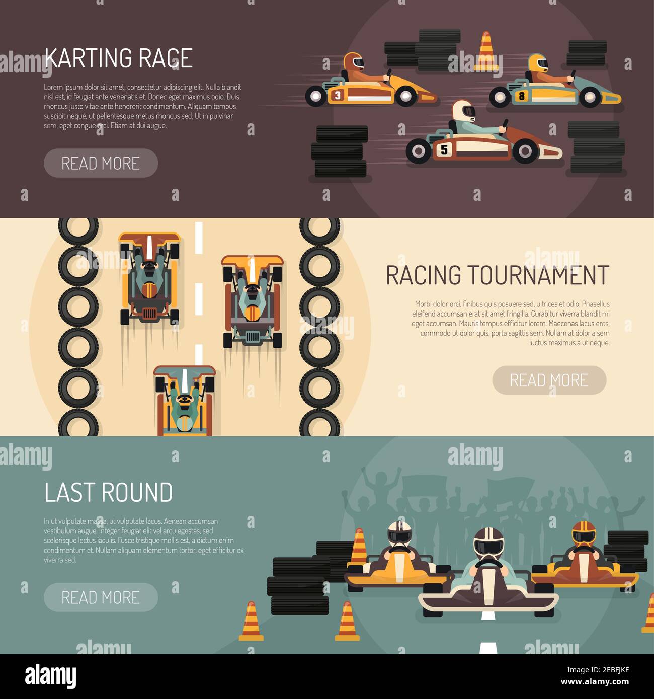Trois bannières horizontales de course automobile présentant le karting tournoi plat isolé illustration vectorielle Illustration de Vecteur