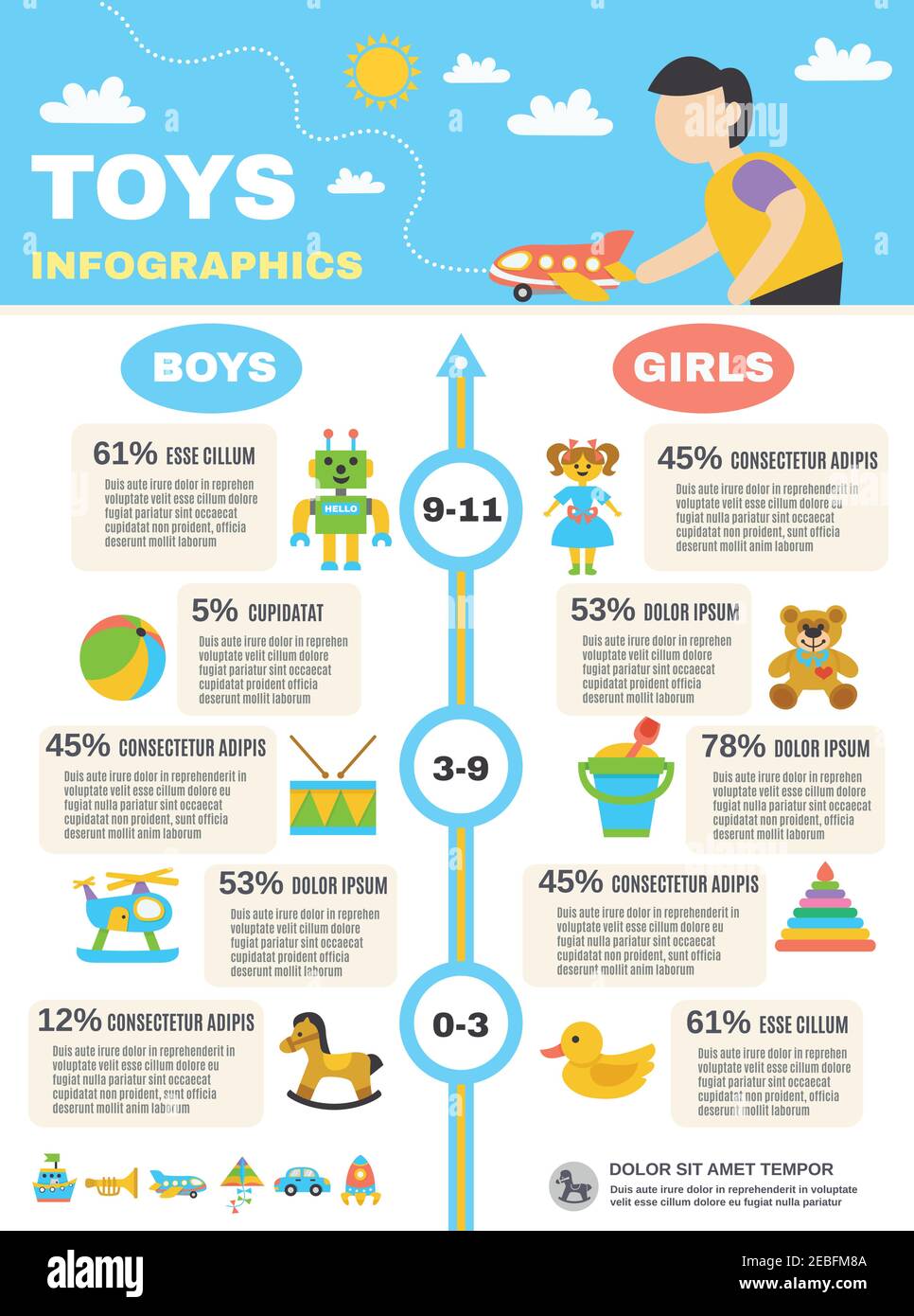 Ensemble de jouets infogrpaics avec illustrations vectorielles de jeux pour garçons et filles Illustration de Vecteur