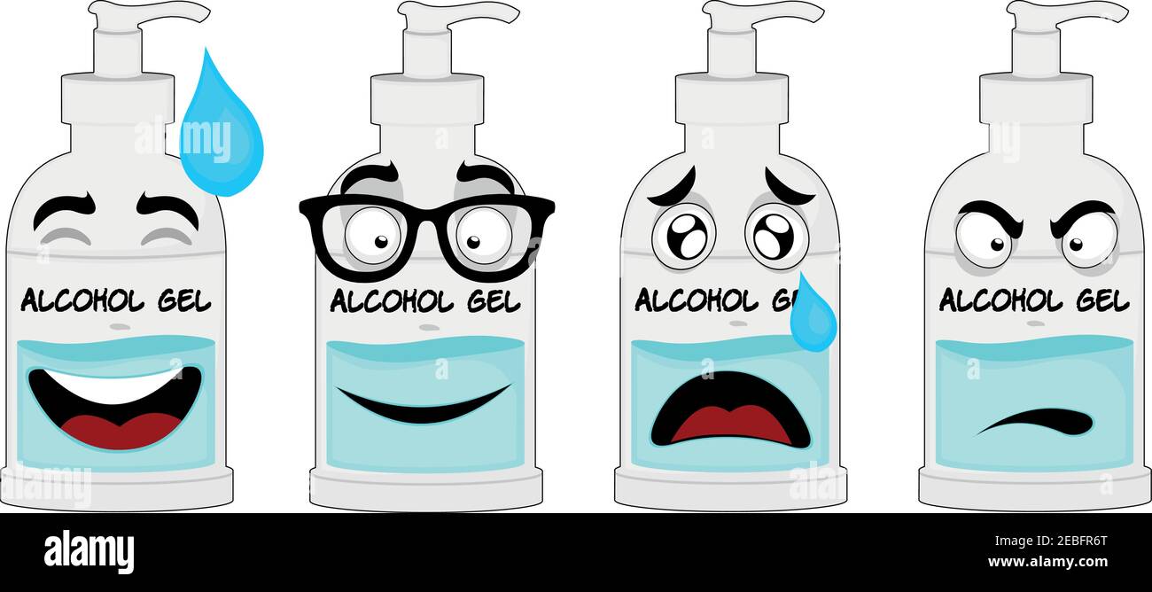 Illustration vectorielle des expressions d'une bouteille de gel d'alcool de dessin animé Illustration de Vecteur