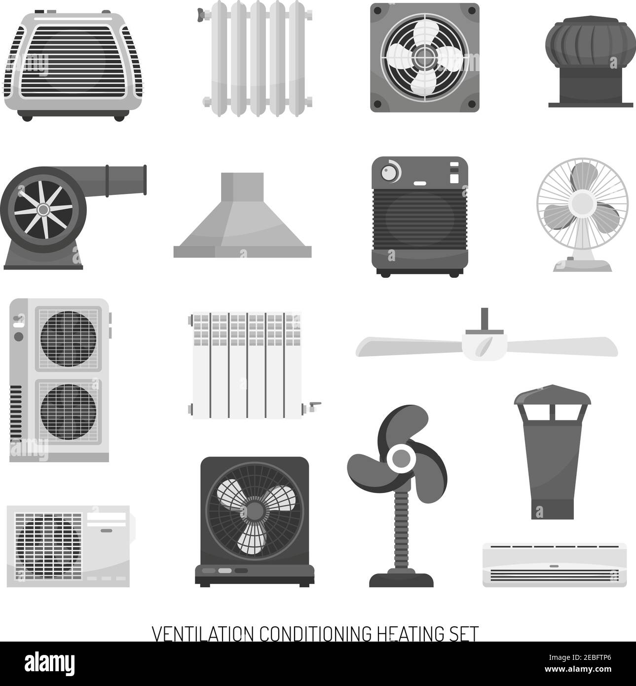 Ensemble d'équipements de chauffage et de climatisation à ventilation monochrome isolé sur blanc illustration vectorielle plate d'arrière-plan Illustration de Vecteur