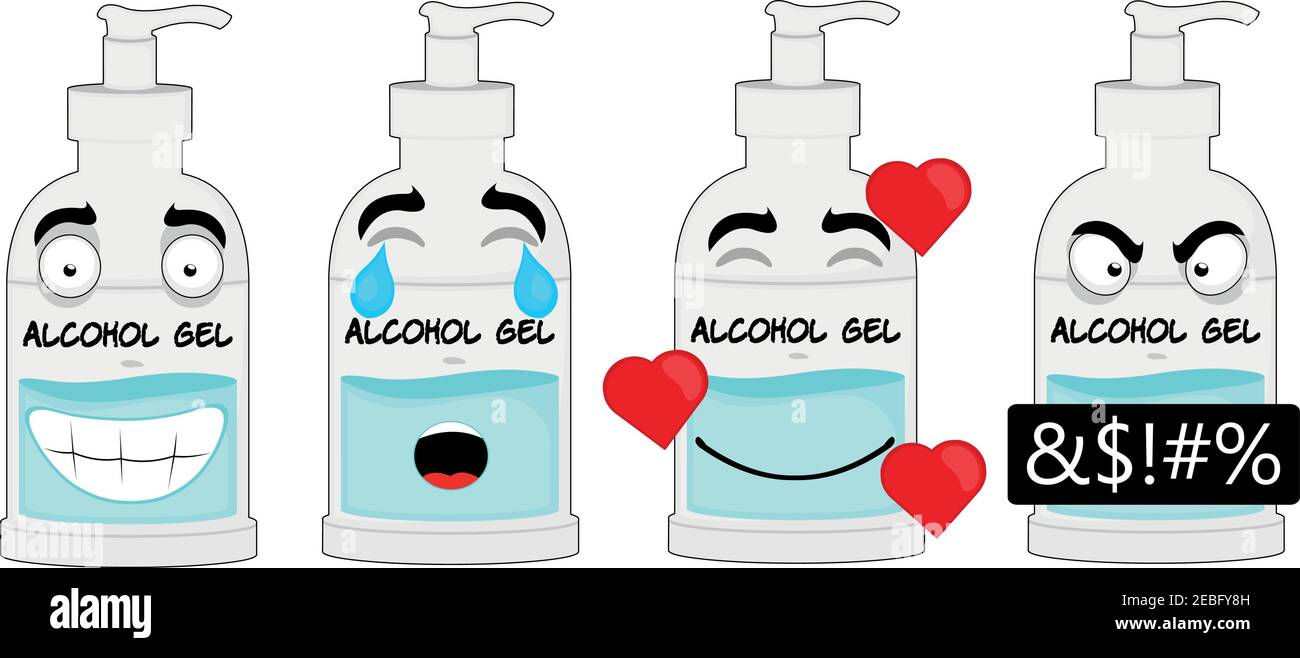 Illustration vectorielle des expressions d'une bouteille de gel d'alcool de dessin animé Illustration de Vecteur