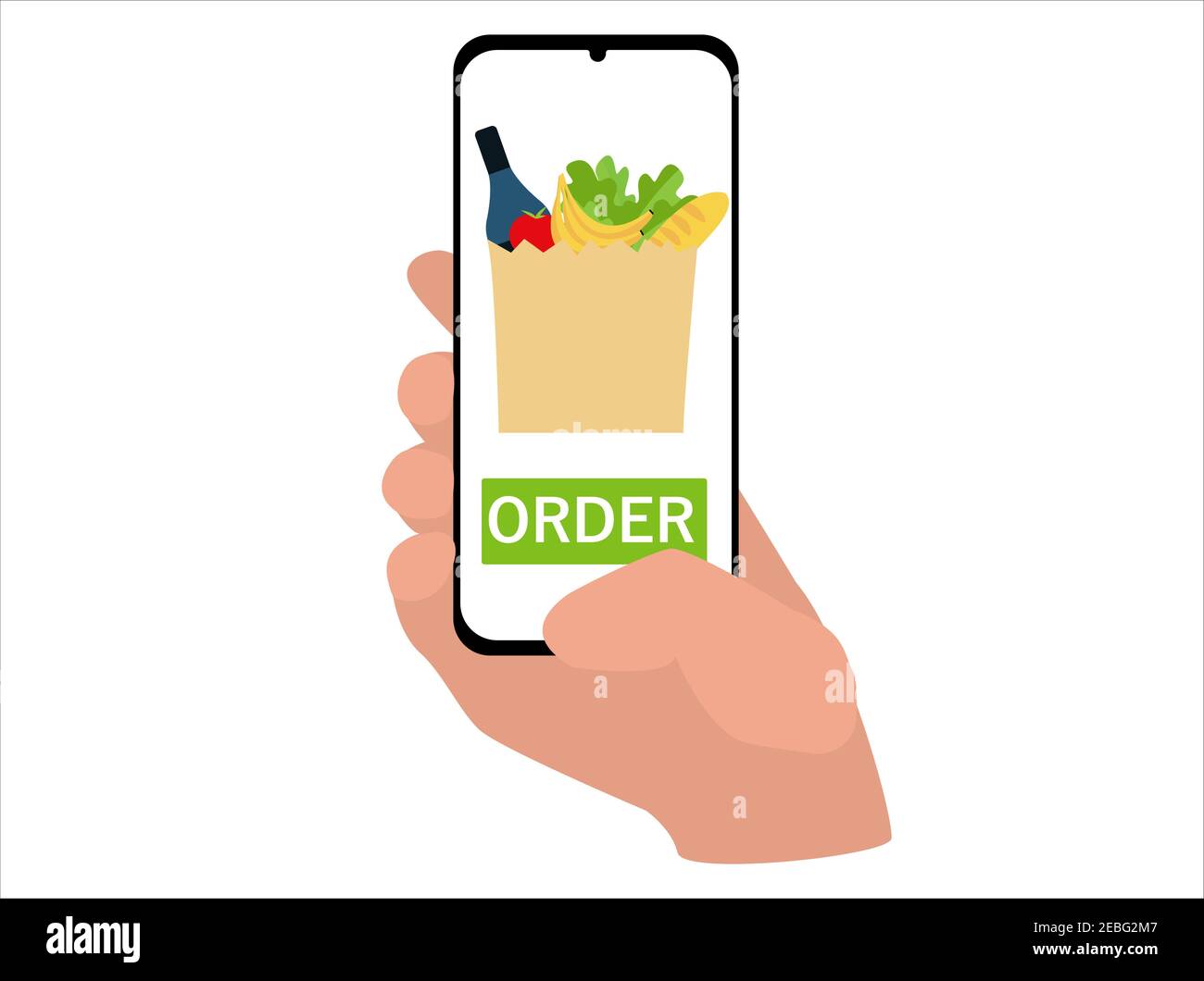 la main tient un smartphone et commande des aliments dans l'application. concept de livraison et d'achat sans contact sécurisé. style plat Illustration de Vecteur
