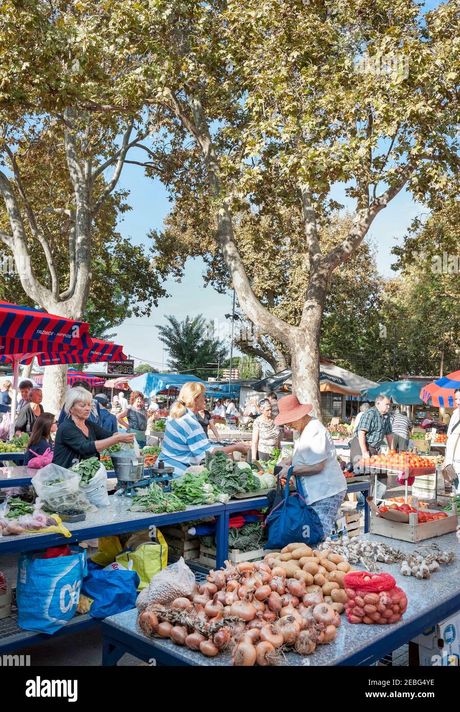 Split - Croate - Dalmatie - 25 août 2019: Les gens vendent des légumes sur un marché vert à Split, Croatie Banque D'Images