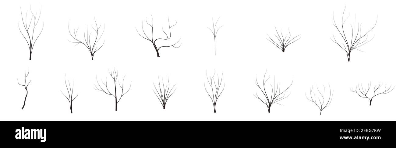 Ensemble vectoriel d'arbres d'hiver morts sans feuilles style de dessin animé nature Icon collection, constructeur d'infographie. Conception de jeux Illustration de Vecteur