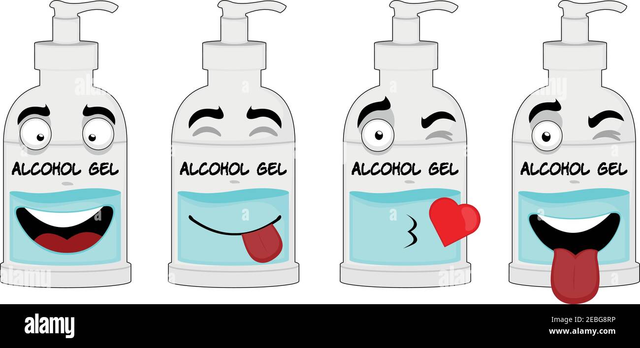 Illustration vectorielle des expressions d'une bouteille de gel d'alcool de dessin animé Illustration de Vecteur
