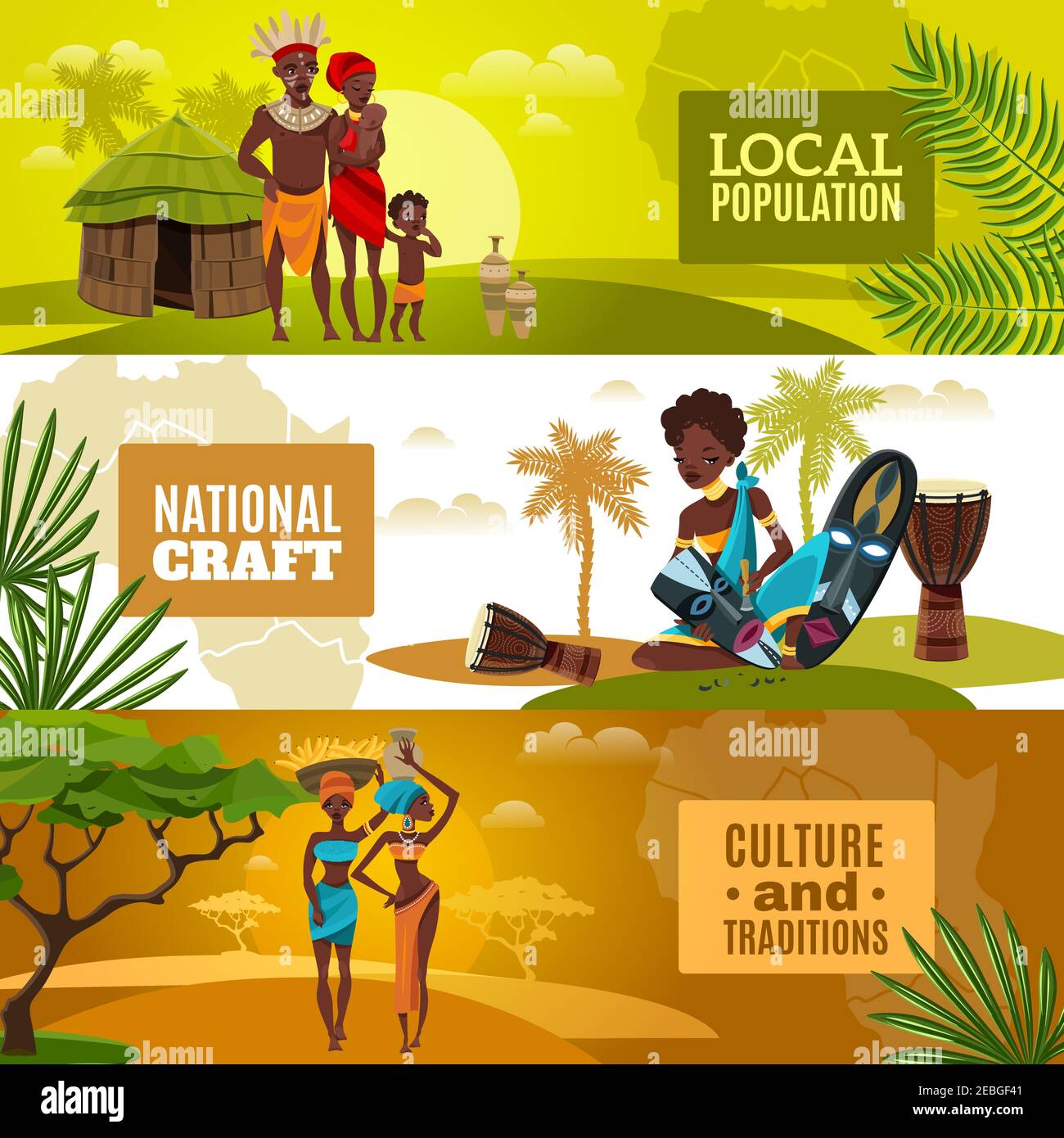Culture ethnique africaine vêtements traditionnels art et artisanat 3 plat illustration vectorielle isolée des bannières horizontales sur fond naturel Illustration de Vecteur