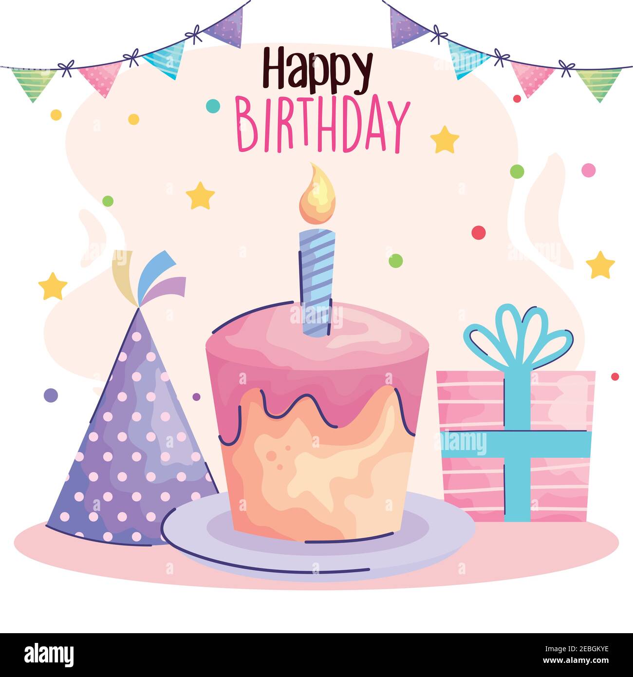 Joyeux Anniversaire Avec Gateau Et Cadeau De Style Acuarela Image Vectorielle Stock Alamy