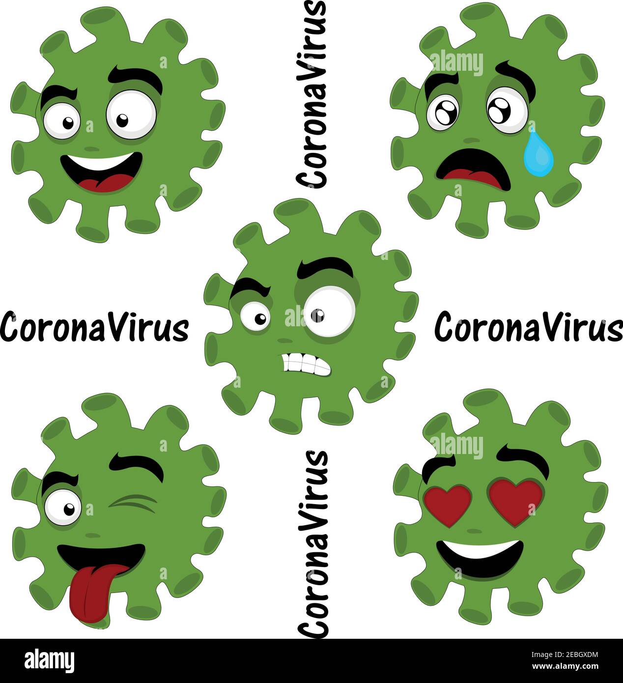 Illustration vectorielle de bactéries de dessin animé, virus ou émoticônes de microbe, avec des expressions de tristesse, de colère, d'amour, de folie et de joie Illustration de Vecteur