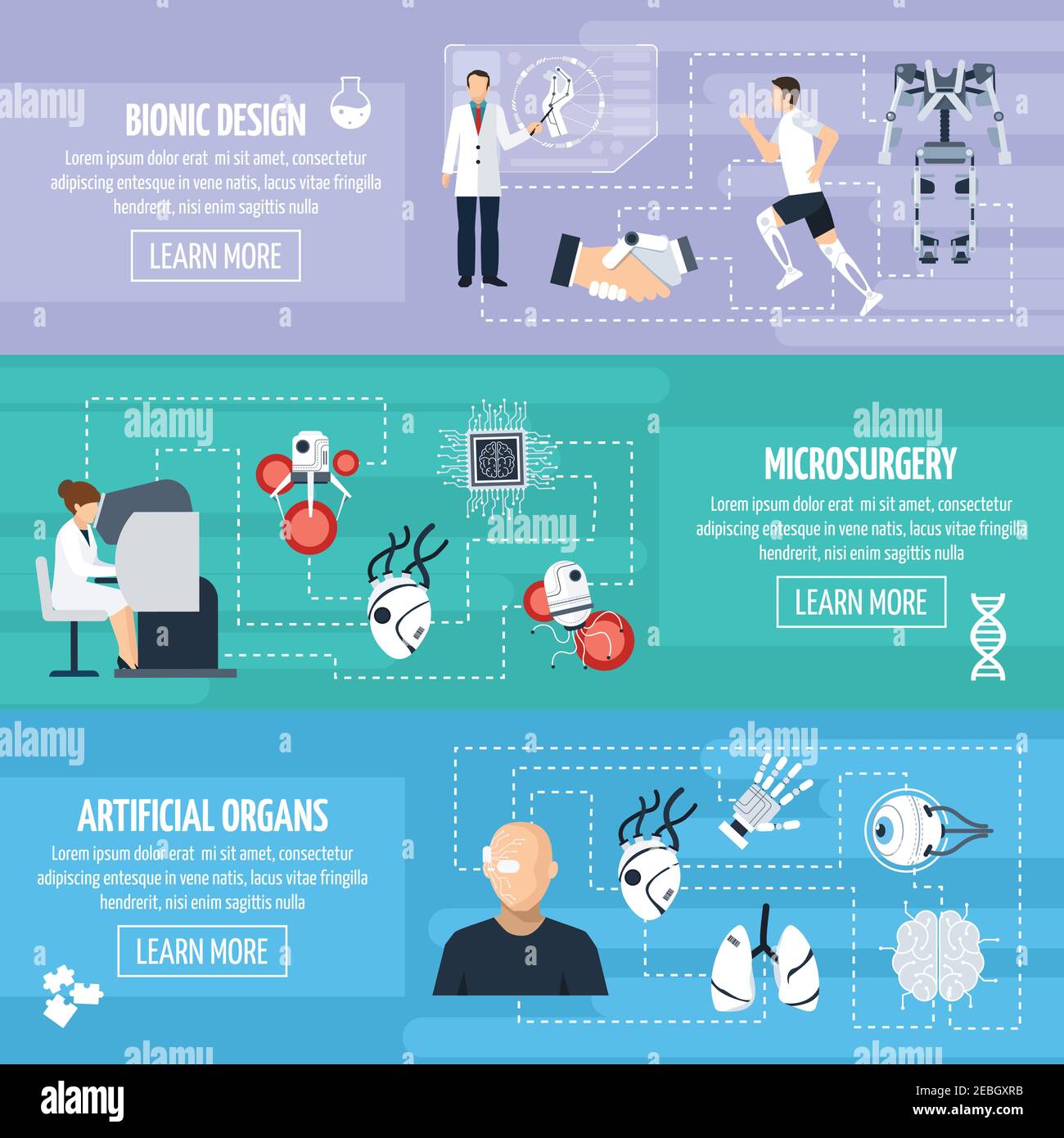 Bannières horizontales Bionic Technology avec différentes innovations et inventions dans la science biomédicale dans l'illustration vectorielle de style plat Illustration de Vecteur
