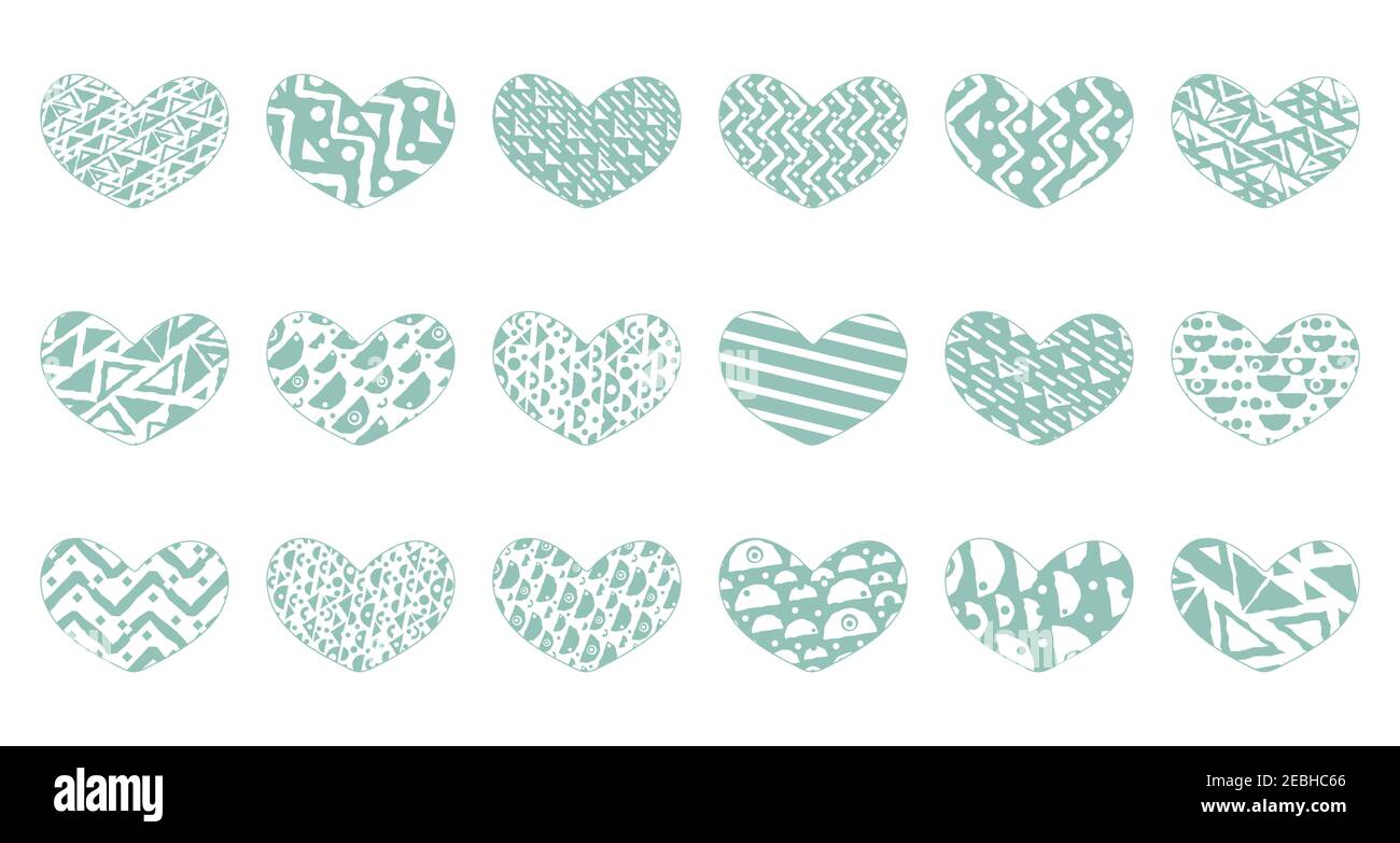 Ensemble de dix-huit coeurs verts avec des motifs différents. Les objets peuvent être utilisés pour des autocollants, des cartes postales, des bandes à motifs pour scrapbooking. Thème de la Saint-Valentin. Lignes, carrés, coeurs, motifs façonnés Illustration de Vecteur