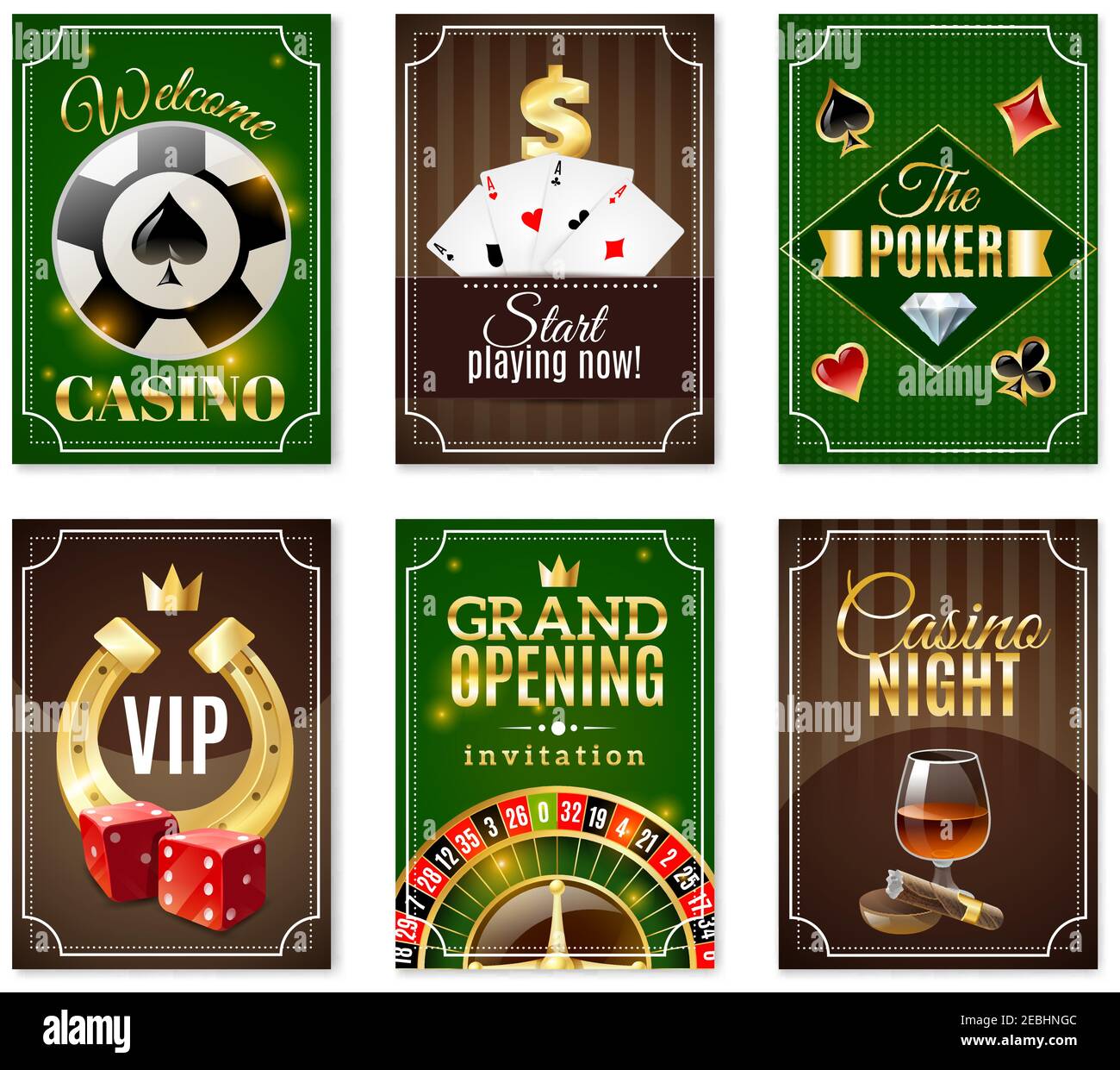 Cartes de casino arrière 6 mini affiches bannières ensemble avec rouge illustration vectorielle isolée en fer à cheval et en dés d'or Illustration de Vecteur