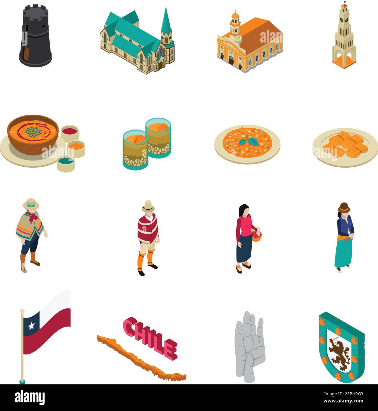 Collection d'icônes isométriques haut de gamme d'attractions touristiques du Chili avec niveaux nationaux tarte plat et églises illustration vectorielle isolée Illustration de Vecteur