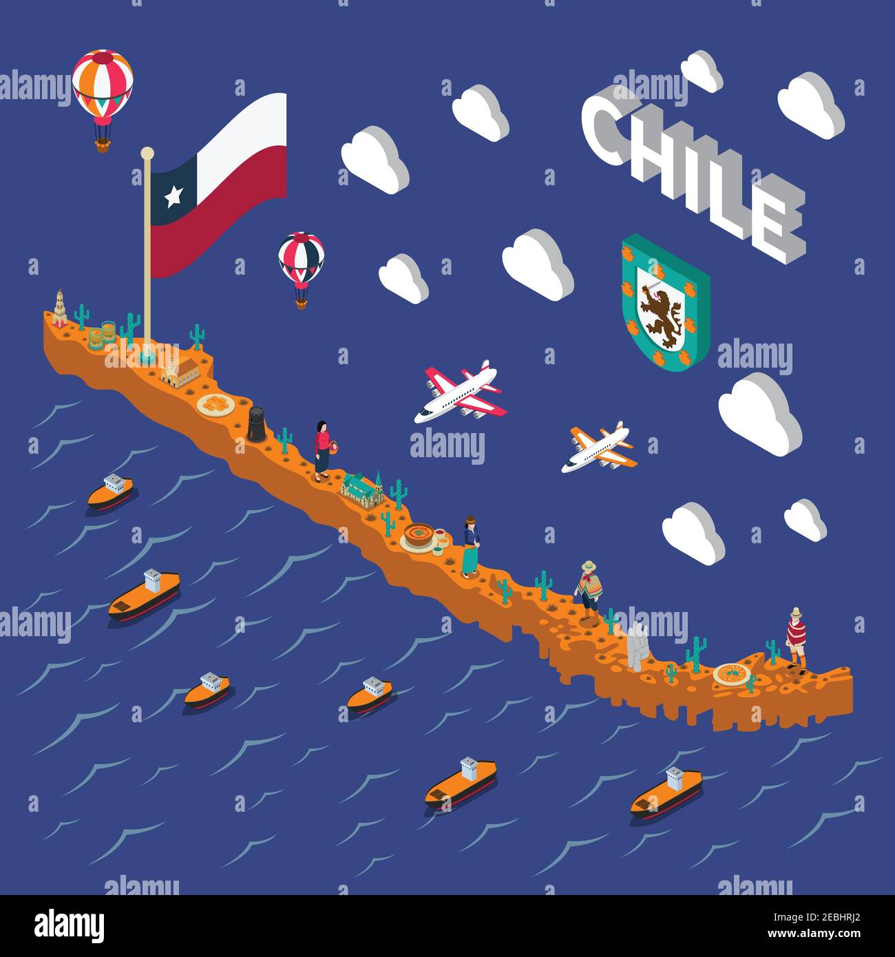 Les attractions touristiques chiliennes symboles carte isométrique avec drapeau national de nourriture et l'illustration du vecteur de l'affiche des lieux d'intérêt Illustration de Vecteur