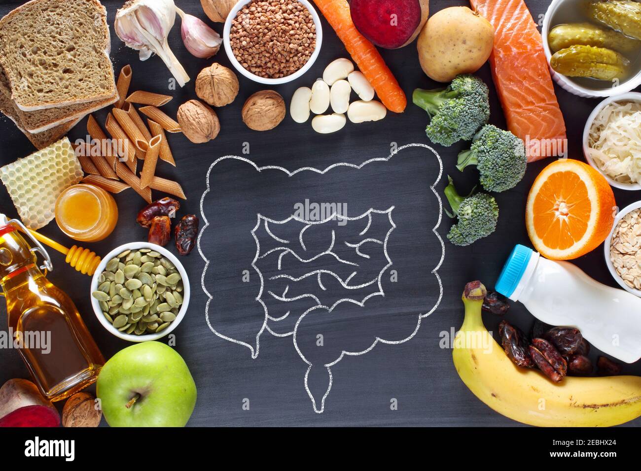 Produits naturels pour des intestins sains. Vue de dessus Banque D'Images