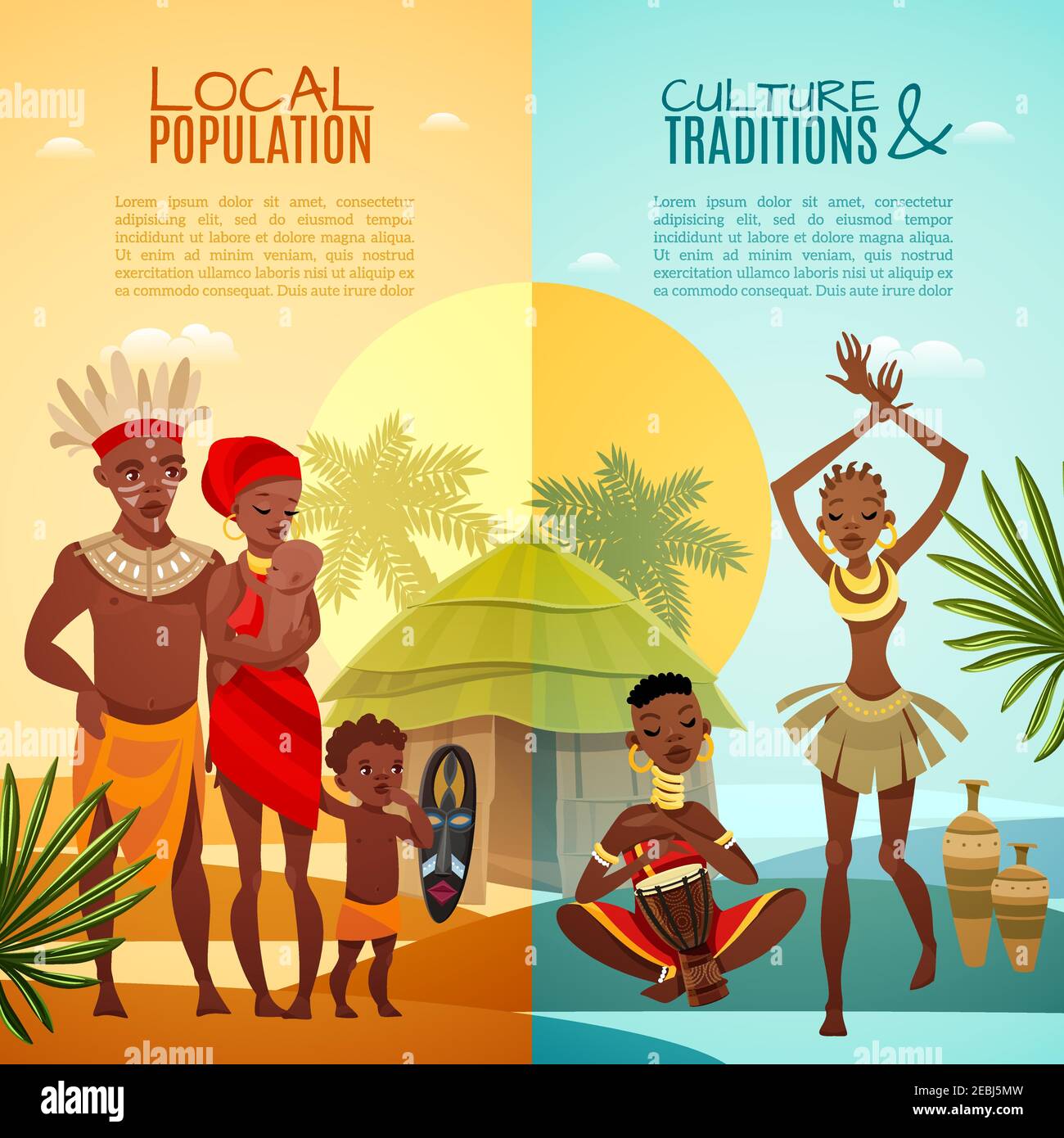 Traditions tribales africaines rituels douaniers et vie familiale 2 plat les bannières verticales définissent l'illustration vectorielle isolée Illustration de Vecteur